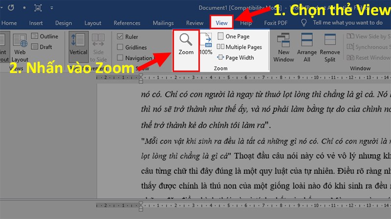 Chọn thẻ View > Đi đến phần Zoom > Nhấn vào Zoom